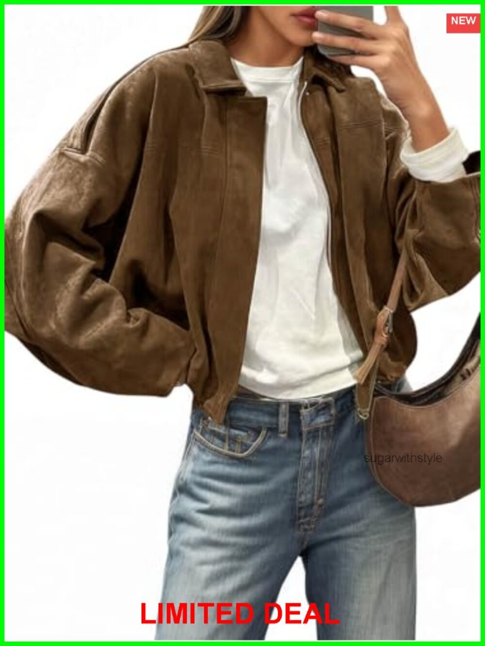 Faux Suede Bomber Jacket Oversized Cropped Zip Up Casual Coat